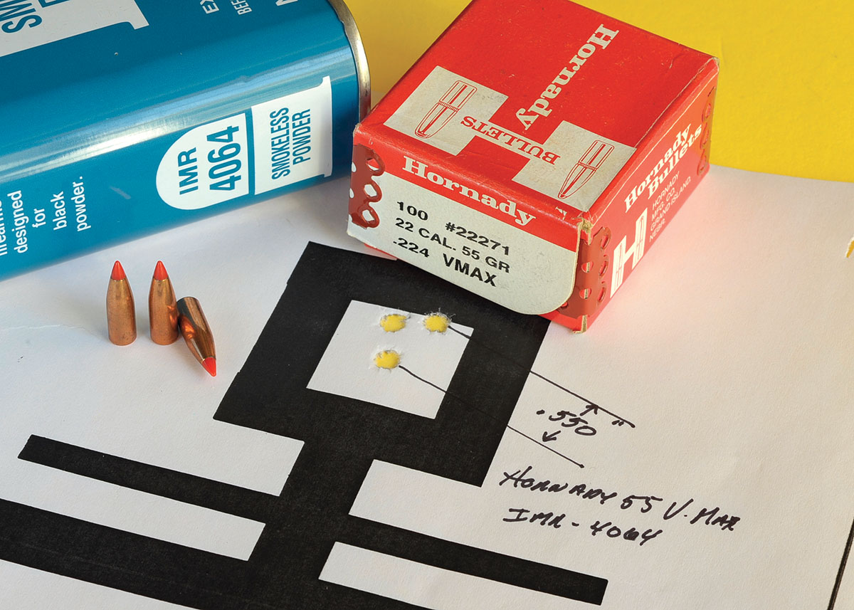 Hornady 55-grain V-MAX bullets over 32-grains of IMR-4064 resulted in this .550-inch, 100-yard group.
